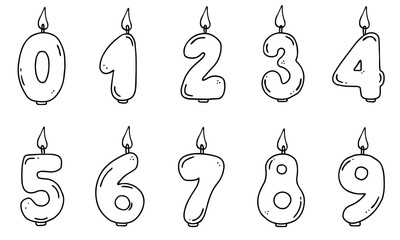 Set of Birthday candle numbers with burning flames in doodle style. Decoration for cake. For greeting card, banner, invitation, stickers.