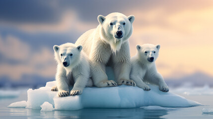  A group of three polar bears sitting on top of an ice - obrazy, fototapety, plakaty
