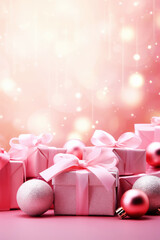Fototapeta na wymiar Pink Christmas background with festive gift boxes and Christmas balls. Holiday Christmas and New Year composition with copy space.