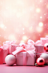 Pink Christmas background with festive gift boxes and Christmas balls. Holiday Christmas and New Year composition with copy space.