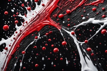 The painting is a multicolored paint spreading over a white background. Black paint, red paint, white background