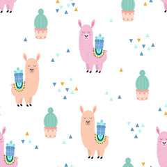 seamless pattern with cute llama, cactus and gift, vector illustration of animal for birthday or new year decoration, flat style