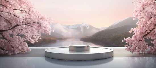 Geometric podium platform stand for product presentation and spring flowering tree with pink flowers on snow mountain background, Front view - obrazy, fototapety, plakaty