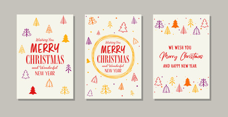 Hand drawn Christmas tree. Different greeting card set. Vector illustration