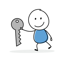 Funny cartoon stickman holding key icon. Hand drawn design for a business presentation. Vector illustration