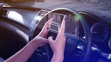 Uses touching multimedia type of modern buttons with virtual on smartphone, Document Management...