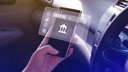 Uses touching online banking and network connection icons on smart phone, online payment icons on virtual screen, Internet Online Banking Pay Concept.