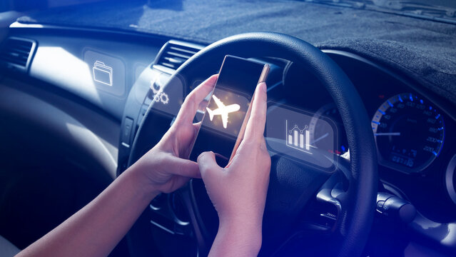 Uses touching to select flight by pressing touch screen airplane button on smartphone, Business Airplane transportation concept.