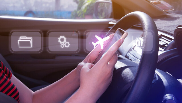 Uses touching to select flight by pressing touch screen airplane button on smartphone, Business Airplane transportation concept.