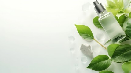 Bottle of perfume with flower. Bottle of essential oil with green leaves and ice cubes on white background. - Powered by Adobe