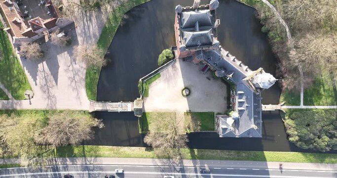 Top down aerial drone view on the Nijenrode castle in Breukelen, The Netherlands.