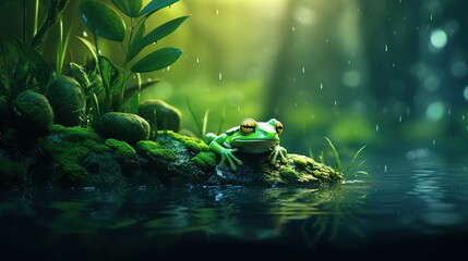 green frog floating in a rainforest river - obrazy, fototapety, plakaty