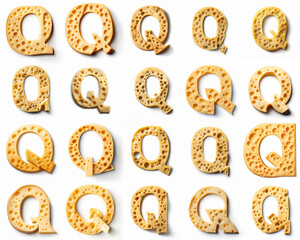 Group of various Q shaped letters made from yellow cheese isolated on white background. Generative ai. Cheese font theme.