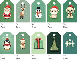 Set of Christmas tags with green backgrounds