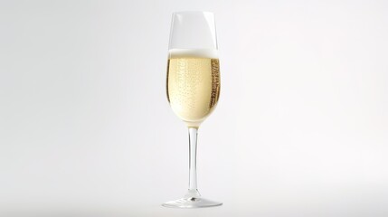 Isolated closeup of a glass of champagne or sparkling white wine on a white background