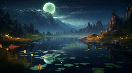 A surreal landscape with glowing fireflies dancing around a moonlit pond - obrazy, fototapety, plakaty