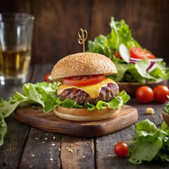In this image, a tasty hamburger is presented on a plate, accompanied by fresh and bright vegetables. A juicy burger expertly prepared with layers of juicy meat, cheese and seasonings.