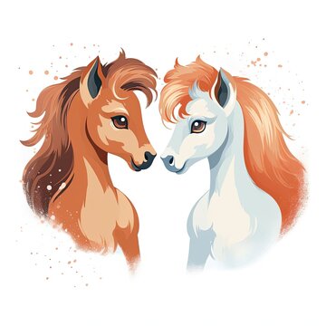 Pair of horses looking at each other on a white background