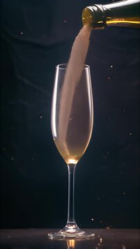A stream of champagne is pouring into the glass