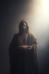 Jesus holding a loaf of bread - the holy communion - misty background - obrazy, fototapety, plakaty