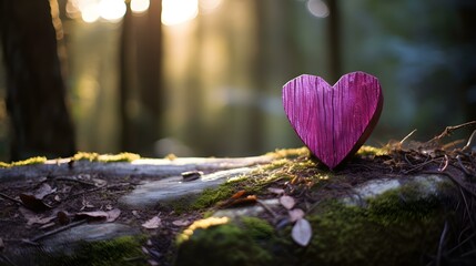 Close up of a fuchsia wooden Heart in a calm Forest. Blurred natural Background - obrazy, fototapety, plakaty
