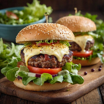 In this image, a tasty hamburger is presented on a plate, accompanied by fresh and bright vegetables. A juicy burger expertly prepared with layers of juicy meat, cheese and seasonings.