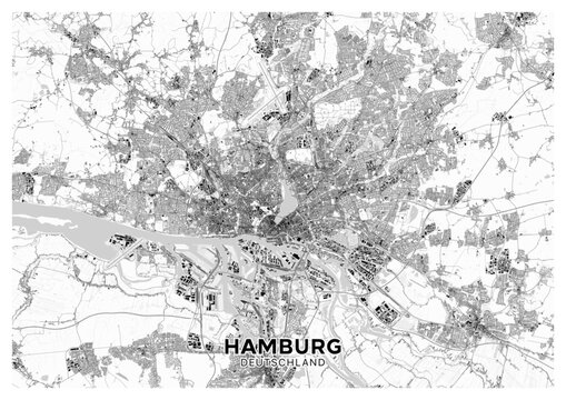 Hamburg map. Detailed light map poster of Hamburg (Germany). Natural features (lakes, rivers), various types of roads and buildings are grouped separately.