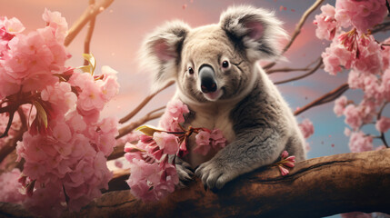  A koala sitting on a branch of a tree with pink flowers