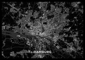 Hamburg map. Detailed dark map poster of Hamburg (Germany). Natural features (lakes, rivers), various types of roads and buildings are grouped separately. - 695003100