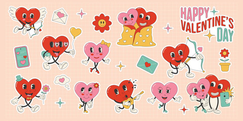 Cartoon heart shaped character in retro groovy style.Set of stickers for Valentine's day. 70s, 80s.Vector stock illustration.