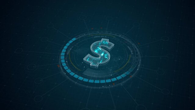 Motion graphic of Blue digital money logo with 3D rotation HUD UI circle technology interface and futuristic elements abstract background crypto currency finance and digital money concepts