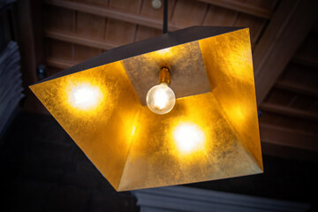A modern chandelier hanging from the ceiling with gold leaf and a simple shape and a single lamp...