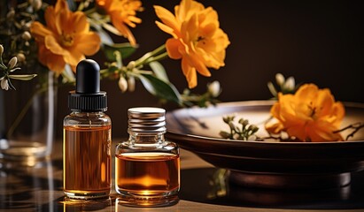 essential oils with decorative elements, illuminated by warm sunset light
