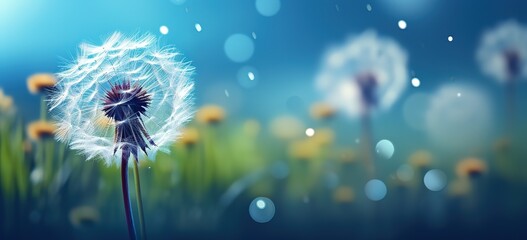 The unearthly beauty of dandelions among drops of dew, conveying the essence of spring awakening in a bewitching dance of light and shadow