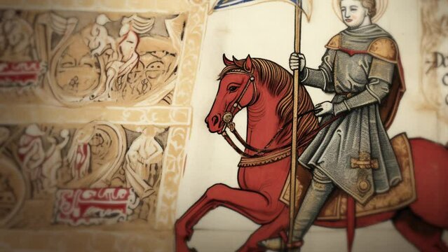 Medieval knight in armor riding a horse with a blue flag. Old manuscript with an icon and symbols on vintage paper for a historic fairy tale