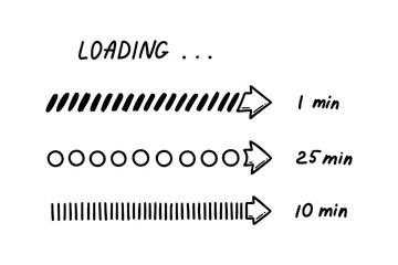 Set of doodle loading bars. Sketch download progress vector illustration, Upload status indicator. Computer user interface design element.