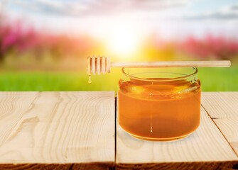 Sweet tasty natural honey on park background.