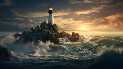  A lighthouse on a rock in the middle of the ocean  - obrazy, fototapety, plakaty
