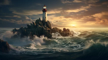 Fotobehang  A lighthouse on a rock in the middle of the ocean  © inshal