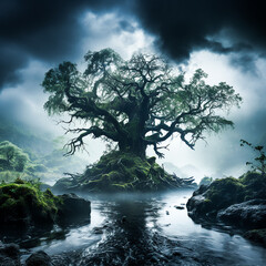 Obraz premium photo a bright sunset illuminates an ancient forest trail generated by ai