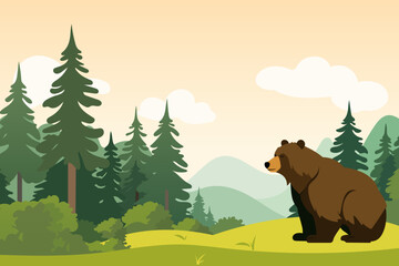 Bear in a beautiful forest against the background of mountains. Simple flat vector illustration of a bear in the forest in cartoon style. © LoveSan
