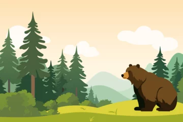 Foto op Plexiglas Bear in a beautiful forest against the background of mountains. Simple flat vector illustration of a bear in the forest in cartoon style. © LoveSan