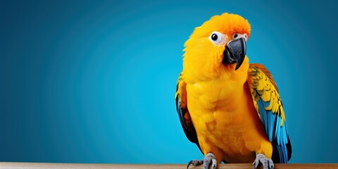 Yellow parrot stands out on a cool blue backdrop.