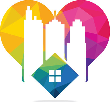 Real estate love vector logo design. Building Estate Logo with Skyscrapers.