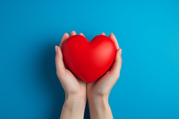 Fototapeta premium Hands holding a red heart against a blue background.