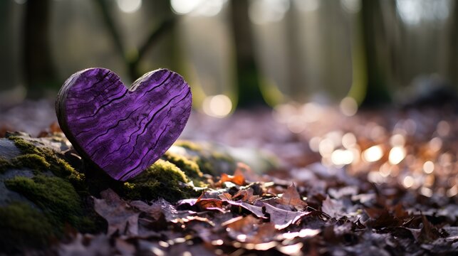 Close up of a purple wooden Heart in a calm Forest. Blurred natural Background