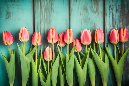 Frame of tulips on turquoise rustic wooden background. Spring flowers. Neural network AI generated art