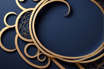 minimal luxury abstract Paper cut craft greeting Card style, festive 'Ramadan Kareem' on a dark blue background graphic. mosque, stars, gold crescent moon, Islamic pattern