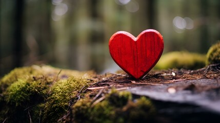 Close up of a red wooden Heart in a calm Forest. Blurred natural Background
