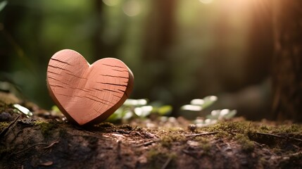 Fototapeta premium Close up of a rose gold wooden Heart in a calm Forest. Blurred natural Background
